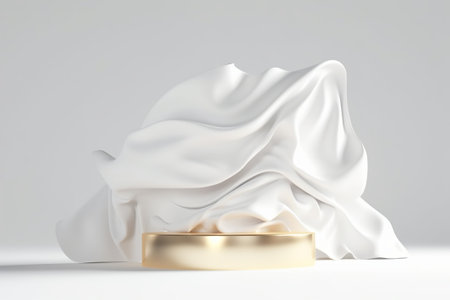 3d render of white fabric and golden podium on white background.の素材