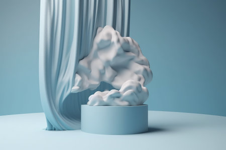 3d render, abstract minimal scene with podium, curtain and cloudsの素材