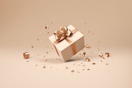 Golden gift box with bow on beige background. 3D renderingの素材