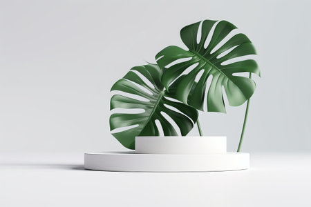 3d render of abstract minimal background. White podium with monstera leaf on white background.の素材