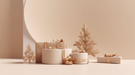 Christmas and New Year minimal scene with gift boxes and tree. 3D renderingの素材