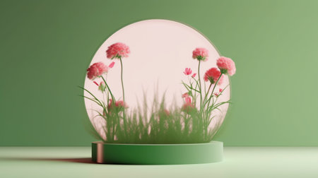 3d render, abstract background, round podium with pink flowers.の素材