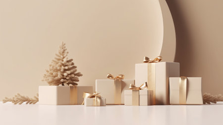 Christmas and New Year background with golden gift boxes and Christmas tree. 3d renderingの素材