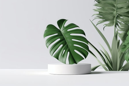 3d render of white podium for product presentation with monstera leafの素材