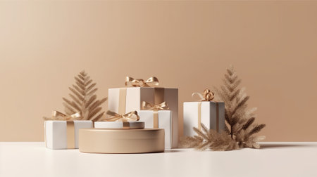 3d render of beige gift boxes with golden ribbons on a beige backgroundの素材