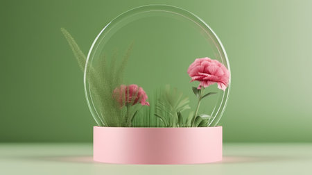 Flowers in a glass sphere on green background. 3d renderingの素材
