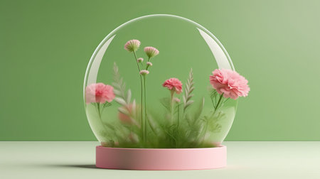 3D render of a crystal ball with pink flowers and plants inside.の素材
