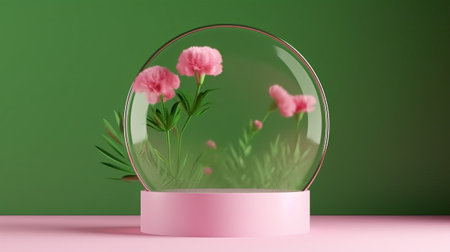 3d render of a crystal ball with pink flowers on a green backgroundの素材