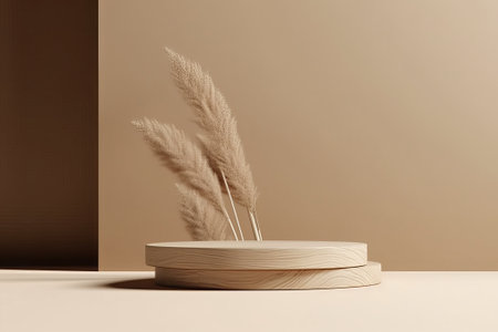 3d render of beige podium with pampas grass on beige backgroundの素材