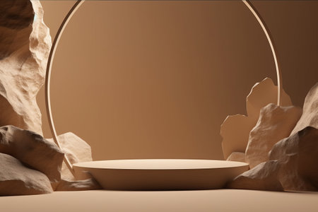 3d render of abstract minimal geometric forms. Glossy brown podium for your design. Fashion show stage.の素材