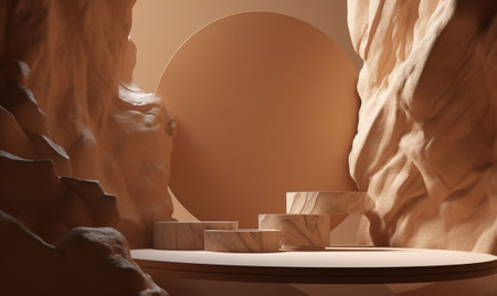 3d render of podium for product display in desert. Blank product stand.の素材