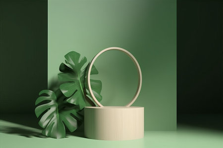 3d render of minimal product display podium with monstera leaf.の素材