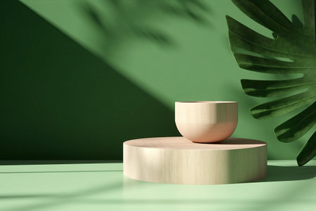 Minimalist abstract scene with podium and monstera leaf. 3D renderの素材