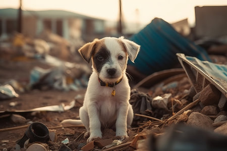Puppy in the trash. The concept of animal pollution.の素材