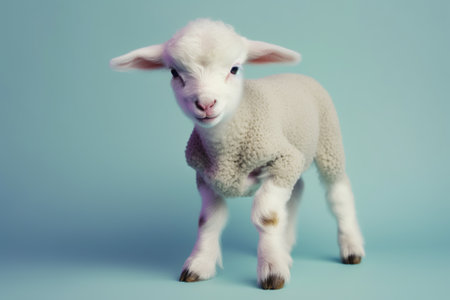 Studio portrait of cute little lamb standing on blue background with copy spaceの素材