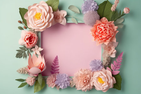 Floral frame with paper flowers on blue background. Flat lay, top viewの素材