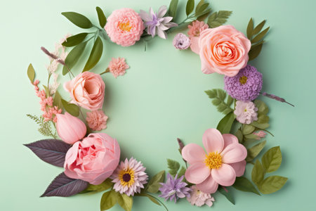 Flower wreath on green background with copy space. Flat lay.の素材