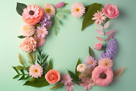Flowers composition. Frame made of colorful flowers on green background. Flat lay, top view, copy spaceの素材