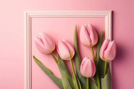 Bouquet of pink tulips in a frame on a pink backgroundの素材