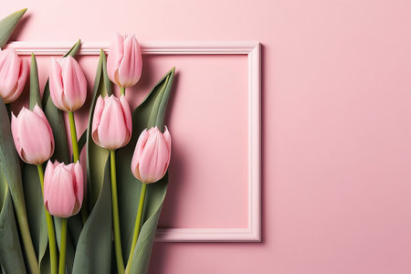 Bouquet of pink tulips with white frame on pink backgroundの素材