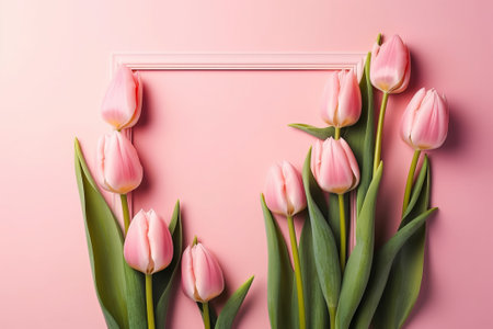 Pink tulips on a pink background with frame. Flat lay, top view.の素材