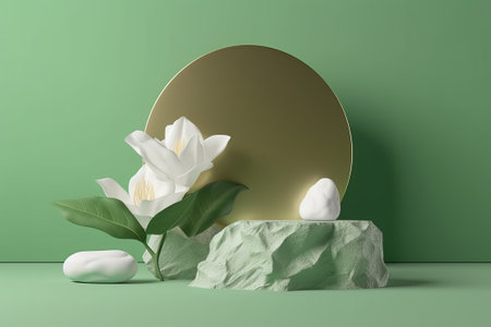 3d render of podium for product presentation with white flower on green backgroundの素材