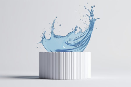 3d rendering of a white cylinder with blue water splashing outの素材