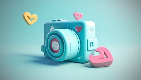 3d illustration of a camera with hearts on a blue background.の素材