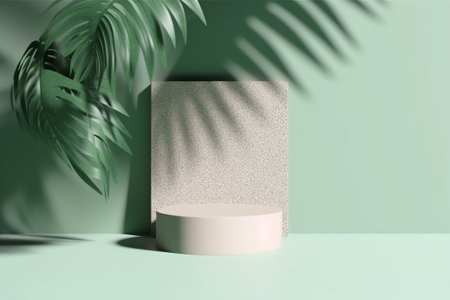 3d render of minimal product display podium with palm leaf shadow.の素材