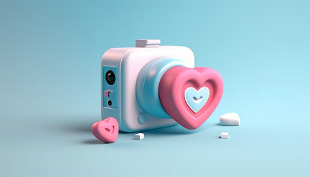 3d rendering of a camera with a pink heart on a blue backgroundの素材