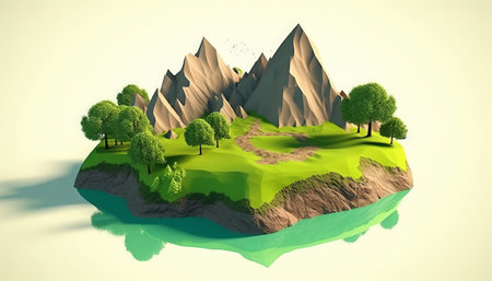 3d render of a mountain island with green grass and trees.の素材