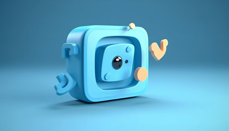 3d rendering of a blue emoticon with eyes and mouth on a blue backgroundの素材