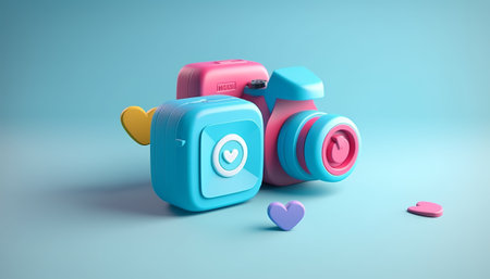 3d rendering of a pink and blue camera with hearts on blue backgroundの素材