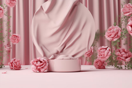3d render of cosmetic product display podium with rose flower background.の素材