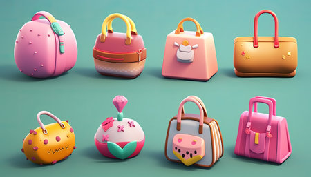 3d rendering of a set of women's bags on a green backgroundの素材