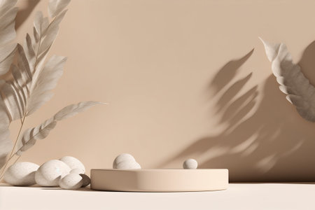 3d render of minimal product display podium with palm leaves shadows.の素材