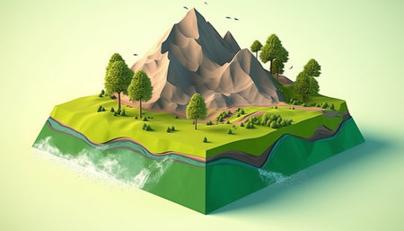 Mountain landscape with trees and grass. 3d render illustration.の素材