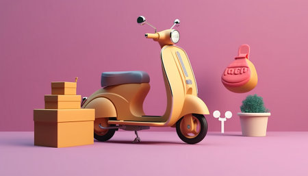 Vintage scooter and boxes on pink background. 3d renderingの素材