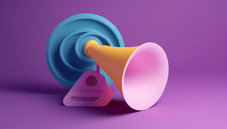3d rendering of megaphone with speaker isolated on purple backgroundの素材