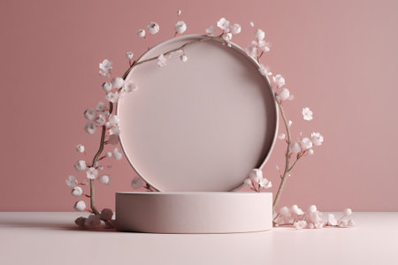 Cherry blossoms and round podium on pink background. 3d renderの素材