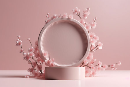 Cherry blossom and round podium on pink background. 3d renderingの素材
