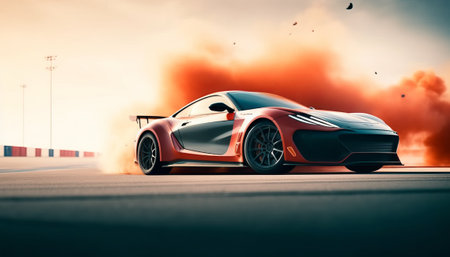 Sports car on the road. 3D rendering. Mixed media.の素材