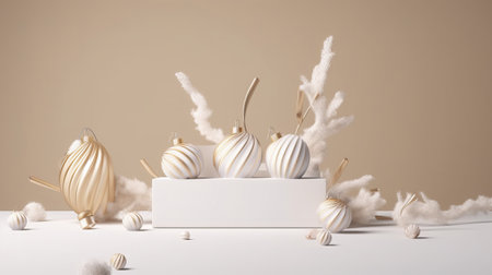 3d render of christmas baubles on the white tableの素材
