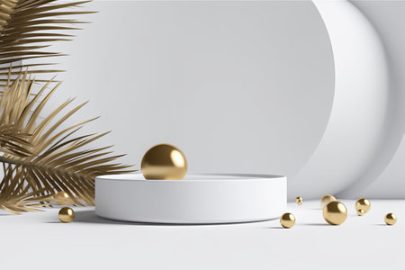 3d render, abstract minimal geometric forms, podiums and palm leaves on a white backgroundの素材