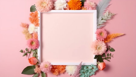 Flowers and frame on a pink background. Flat lay, top view.の素材