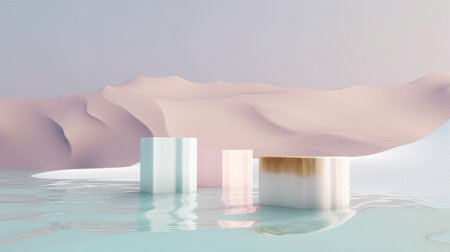 3d render, abstract background with podiums and waves, minimal designの素材