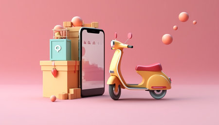 Online shopping concept. Smartphone, gift box and scooter on pink backgroundの素材
