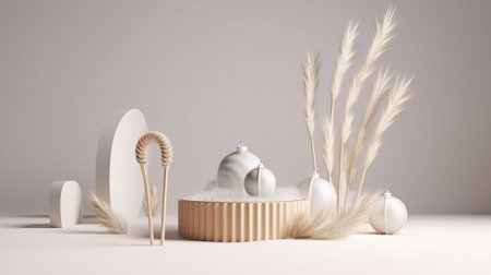 3d render of minimal display podium with pampas grass.の素材