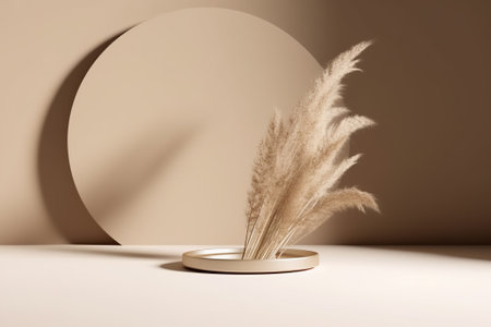 3d rendering, beige podium with pampas grass on beige backgroundの素材