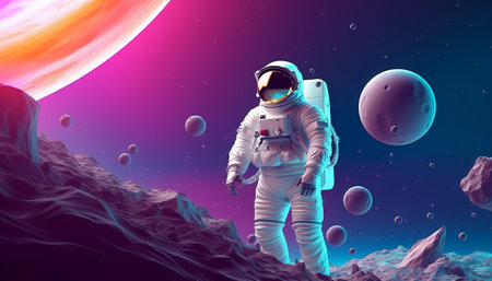 Astronaut in outer space. Science fiction art. 3D renderingの素材